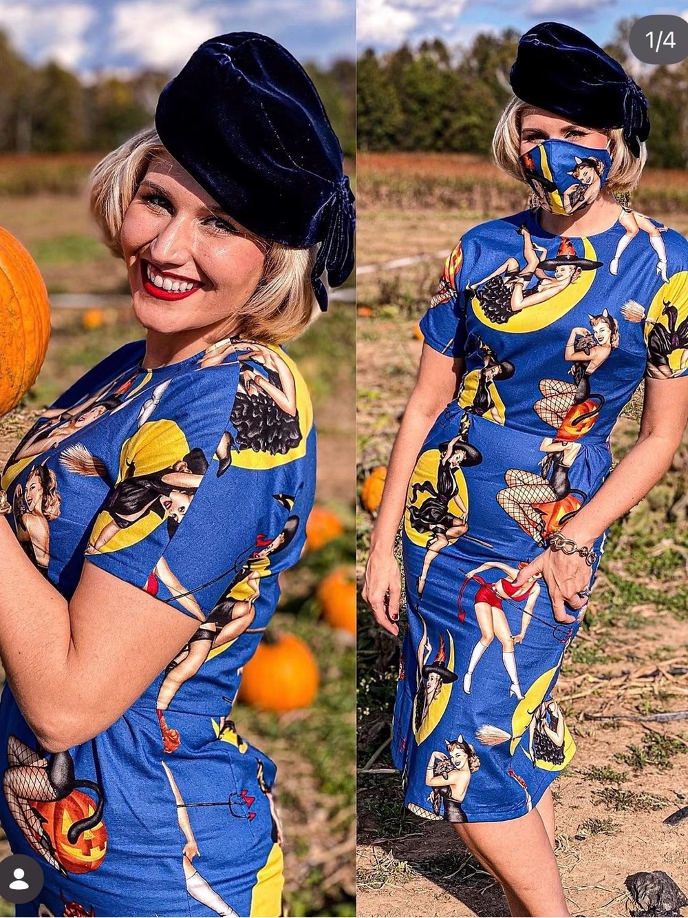 Blue Pinup Print Midi Dress with Matching Mask - Unbranded homemade halloween